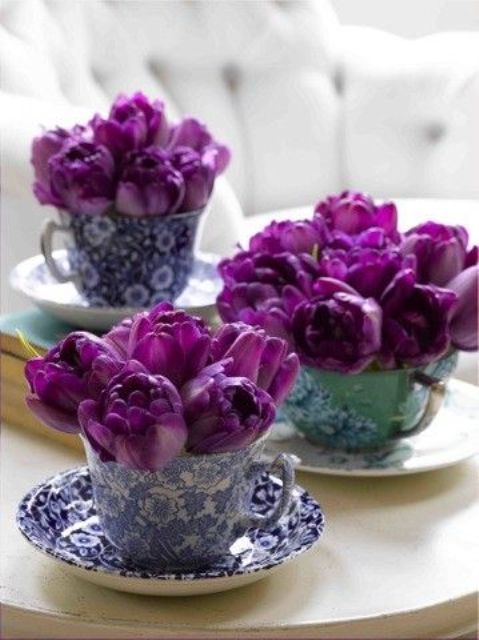 floral printed teacups with bold purple tulips will be cool centerpieces or decorations for spring