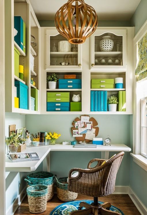 large wall-mounted cabinets over the desk is a comfortable idea to store everything you want right at hand, this is real floor space saving