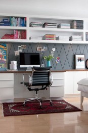 large open shelves over the desk that take a whole wall give much storage space to your home office