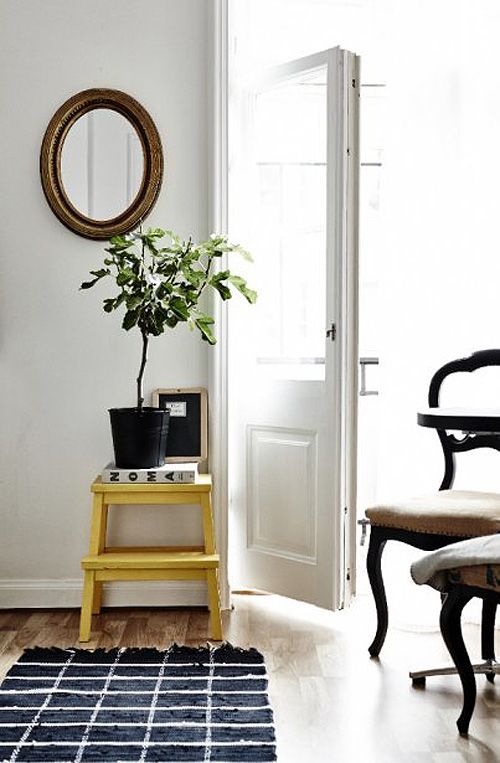 Yellow IKEA Bekvam stool as a plant stand