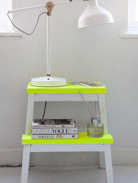 Neon colored IKEA Bekvam stool as a lamp stand