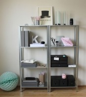 IKEA Hyllis shelves with boxes, files, candles and other home office stuff you need