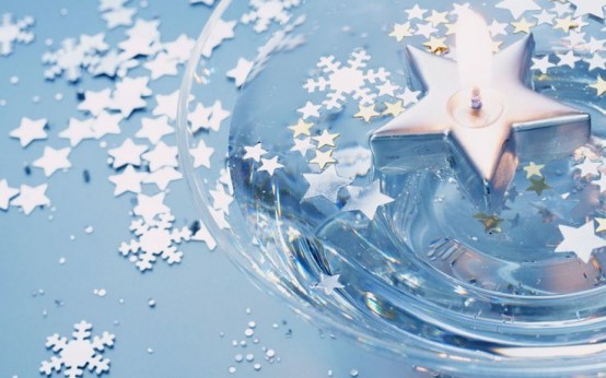 Floating Candle With Silver Stars And Snowflake Confetti