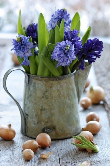 a rust metal jug with bold purple blooms and greenery for a rustic spring touch to your decor