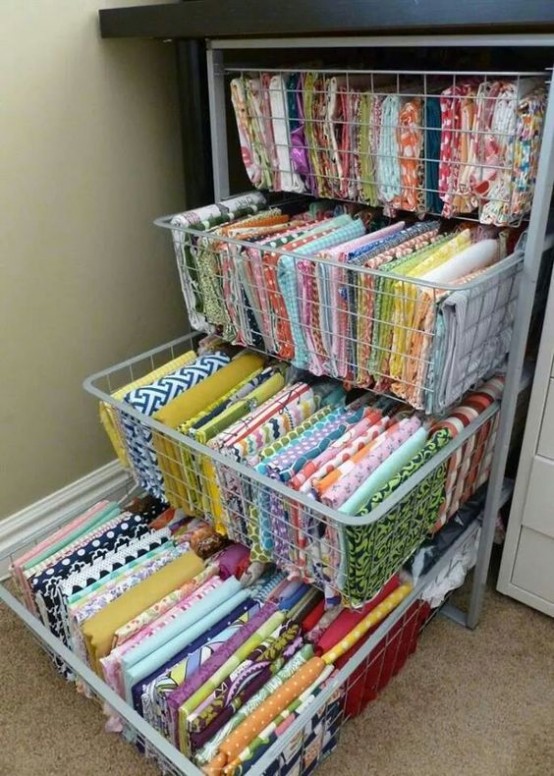 a storage unit with pulling drawers is great for storing fabrics of various kinds