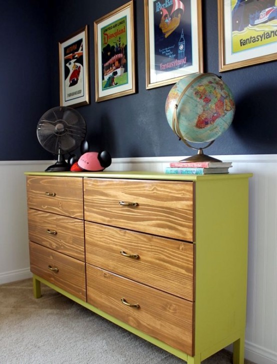 a neon yellow Tarva dresser with stained drawers and elegant metal handles for a contemporary space