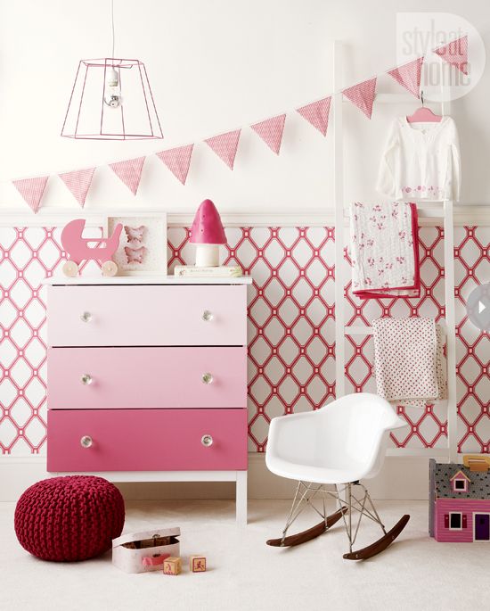 an ombre pink Tarva hack, with each drawer painted in its own color and glass knobs