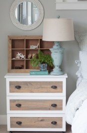 white framing and wood stain Tarva hack with antique handles as a rustic nightstand for a bedroom