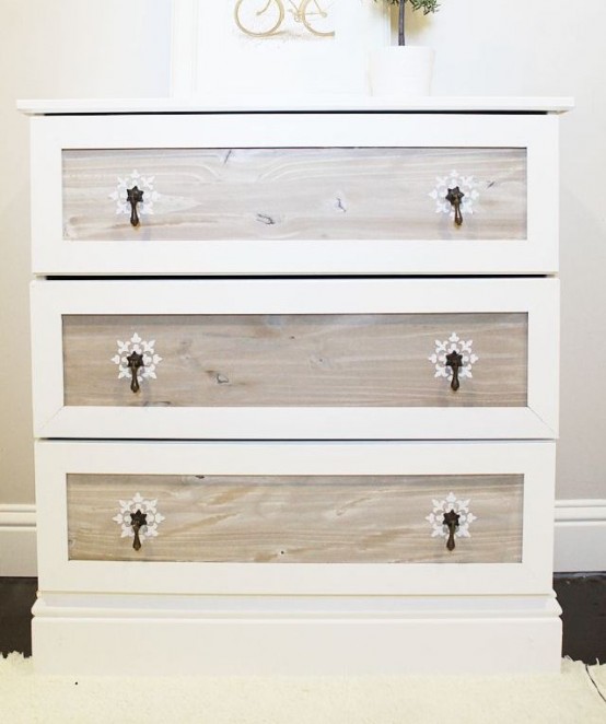 a vintage Tarva revamp with white paint, weathered wood drawers, vintage metal pulls for a touch of vintage chic