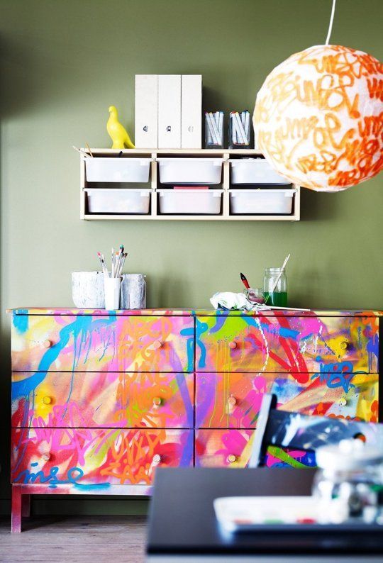 a super bright Tarva hack with all kinds of paint and graphic patterns for a contemporary space