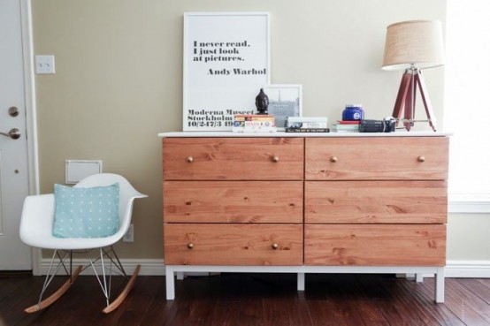 a dark stained Tarva dresser with a white countertop and legs for a modern yet rustic look