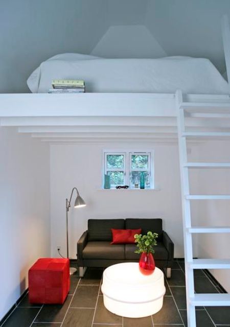 a tiny loft bedroom with just a bed to get a separate sleeping spot in a living room or over it