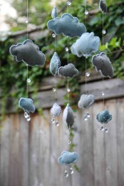 a beautiful blue and grey cloud nursery mobile with raindrops that are crystals is a dreamy and cool idea to rock