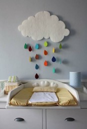 a beautiful cloud nursery mobile with colorful rain drops made of felt is a lovely and catchy idea for any kids’ space