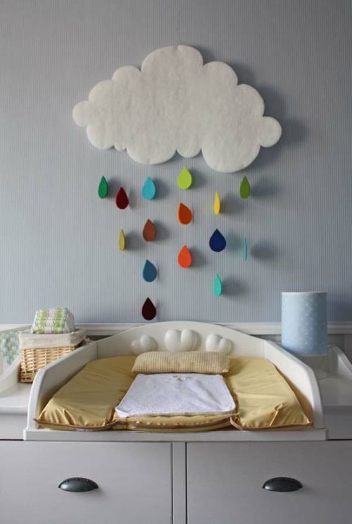 a beautiful cloud nursery mobile with colorful rain drops made of felt is a lovely and catchy idea for any kids' space
