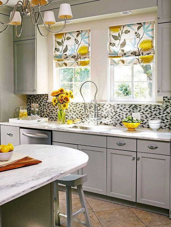 bright floral print Roman shades, sunflowers and sunny yellow touches here and there to refresh your kitchen look
