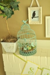 a potted tree and a green bird cage with a nest and eggs