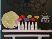 monogrammed bottles with bright blooms, a flower plate and an Easter sign