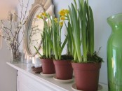 faux bloomign branches in a vase and blooming bulbs in pots for a spring mantel