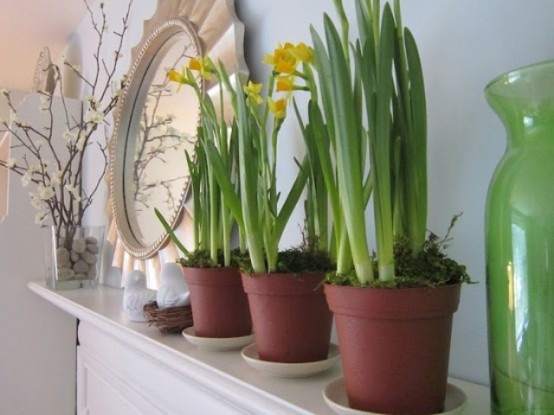 faux bloomign branches in a vase and blooming bulbs in pots for a spring mantel