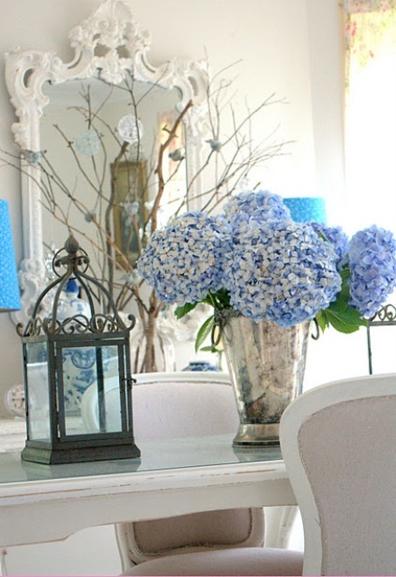 a lush blue hydrangea arrangement like this one will make a statement on your mantel