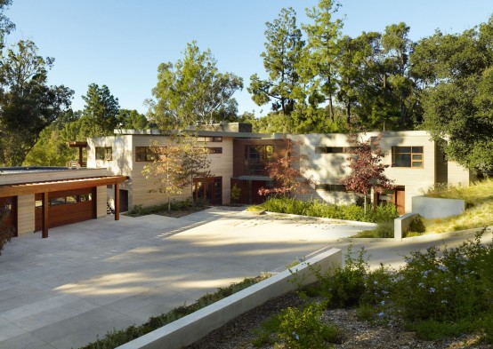Irregularly Shaped House With A Small Grove Of Eucalyptus And Pine Trees