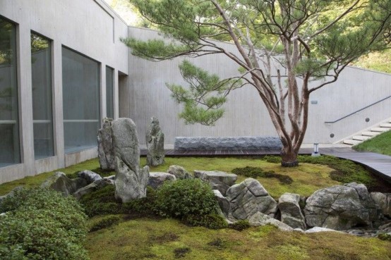 un jardín japonés con musgo, vegetación, rocas y un solo árbol en el centro con mucha luz natural