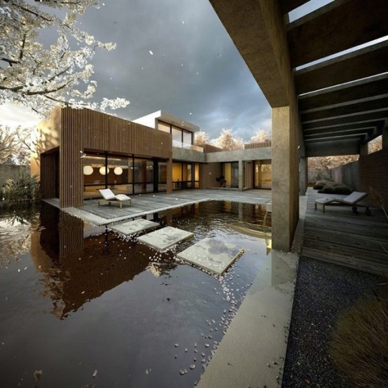 a minimalist backyard with a large pond and tiles looks very philosophical, relaxing and cool