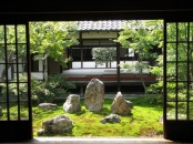 a classic Japanese garden with grass, large rocks and Japanese-style low trees