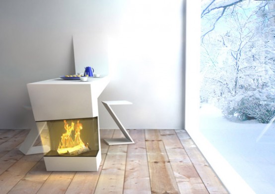 Kitchen Table Combined With A Fireplace
