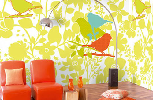 Living Room With Bright Wallpaper And Furniture Living Room With Bright Wallpaper And Furniture