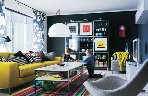 Living Room With Colorful Furniture And Black Walls Living Room With Colorful Furniture And Black Walls