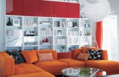 Living Room With Colorful Storage System And Sofa