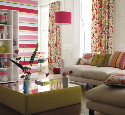 Living Room With Colorful Stripes And Flowers Living Room With Colorful Stripes And Flowers