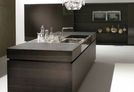 Luxurious Kitchen Of Dark Wood And Emperor Marble