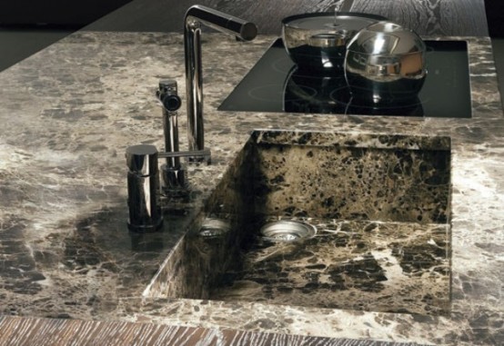 Luxurious Kitchen Of Dark Wood And Emperor Marble