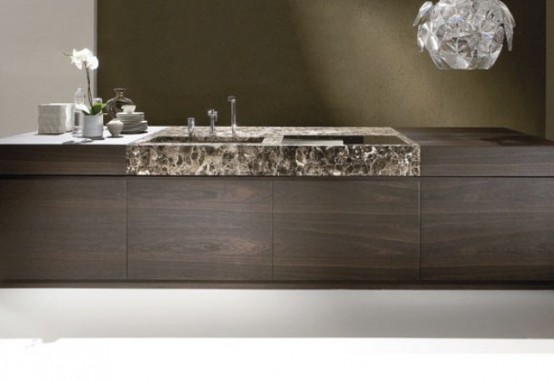 Luxurious Kitchen Of Dark Wood And Emperor Marble