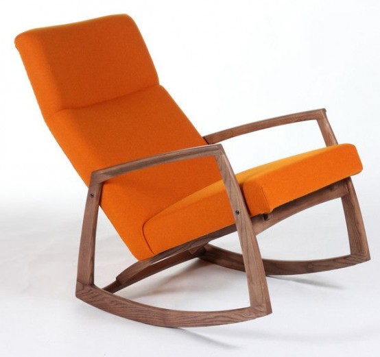 a mid-century modern rocker with stained legs and bright orange upholstery is a catchy and stylish idea