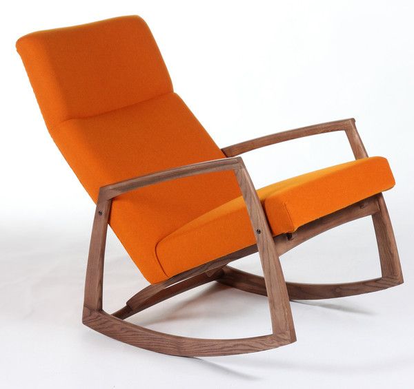 a mid century modern rocker with stained legs and bright orange upholstery is a catchy and stylish idea