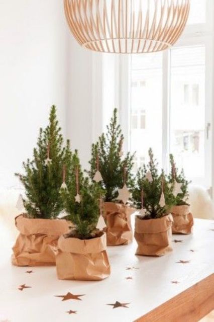 a cluster of potted Christmas mini trees wrapped in paper and with simpel white clay Christmas ornaments is a gorgeous festive centerpiece
