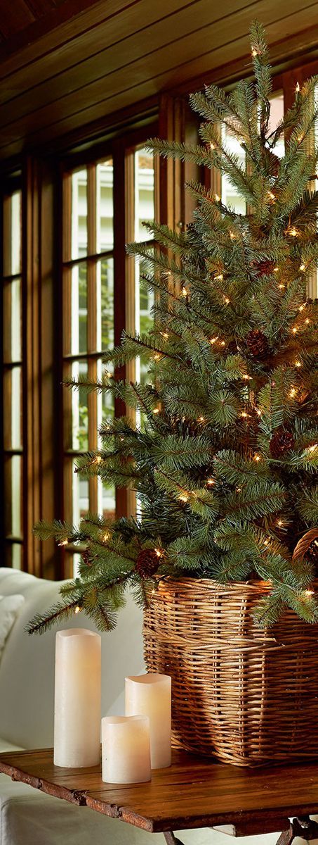 a modern Christmas tree with pinecones and lights placed into a basket is a lovely idea for a modern home