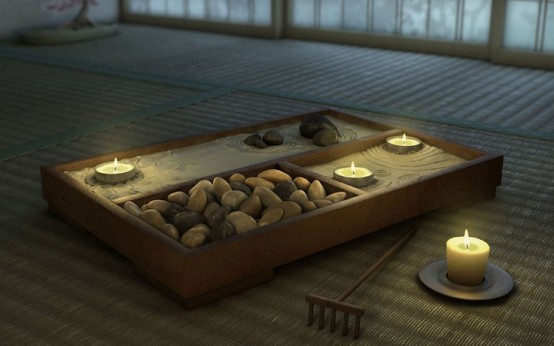 a Japanese-style meditation room with a mini stone garden