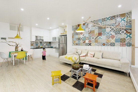Modern Apartment Design With Colorful Wall Tiles And Accents