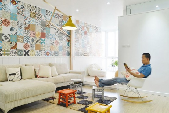 Modern Apartment Design With Colorful Wall Tiles And Accents