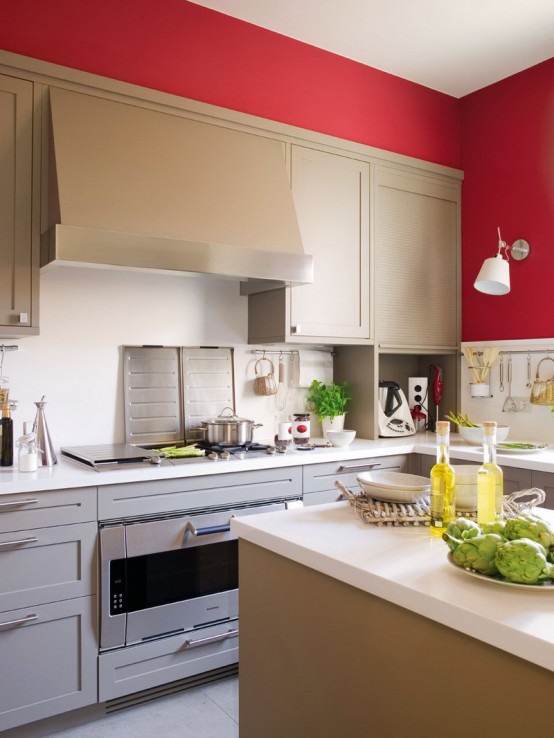 Modern Beige Kitchen With Red Walls