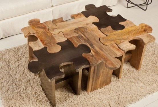 a lovely and catchy puzzle coffee table of wood of various shades will be a nice solution for many modern living rooms