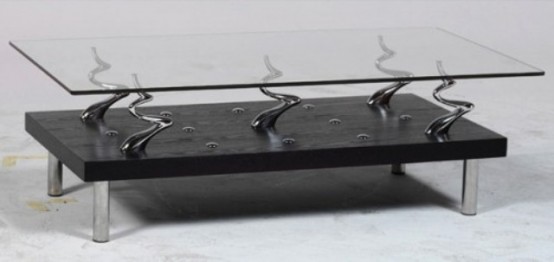 a modern coffee table with two tabletops, a glass and a plywood one, usual legs and curly legs raising the second tabletop
