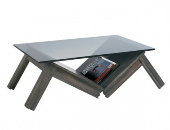 a creative coffee table with a glass tabletop, a broken second tabletop that provides some storage space