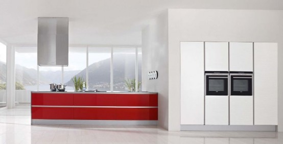 Modern Kitchen Designs with Red and White Cabinets from Doimo Cucine