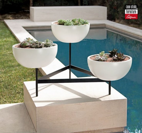 three white bowl planters on a stand will highlight any outdoor space and will make it look cool